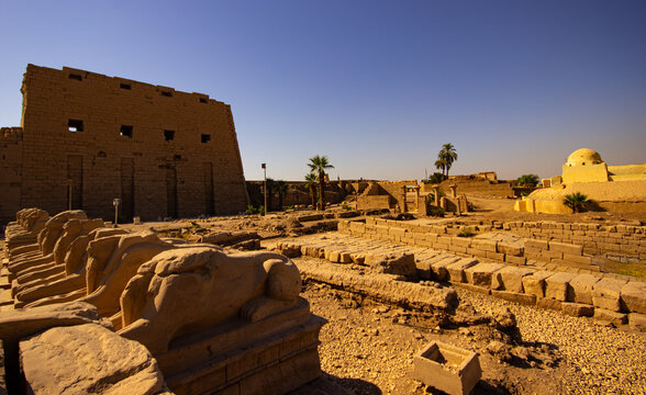 Historical monuments of Luxor, karnak temple, statues and columns in ancient buildings, Egypt