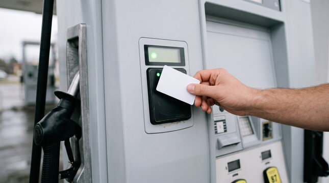 Close up of hand holding a credit card to pay for gasoline at a modern fuel dispenser machine. Contactless gas station payment technology.