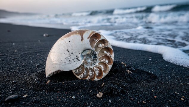 Nautilus seashell resting gracefully on a dark volcanic sand beach with foamy ocean waves rolling in under the cool overcast twilight sky.