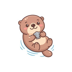 Fototapeta premium Cute cartoon otter relaxing and holding a small fish.