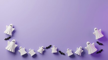 Naklejka premium Top view of cute small ghost decorations arranged on a purple background for a fun halloween celebration