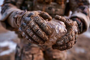 Obraz premium Tactical Soldier Hands Holding Crystal
