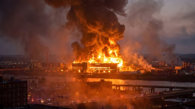 Massive industrial factory engulfed in intense flames during night blaze.