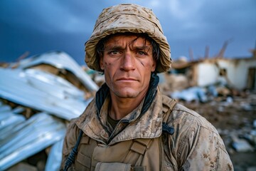 Obraz premium Serious Soldier in Camouflage Gear Outdoors