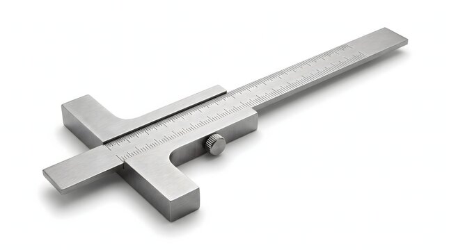 Metal T-square marking gauge ruler with millimeter scale on white.