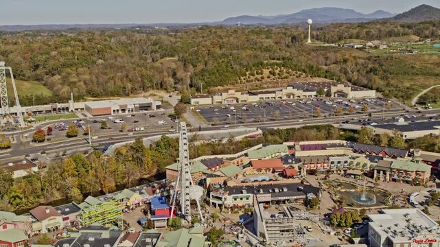 Aerial view of Pigeon Forge ferris wheel and city landscape in Tennessee.