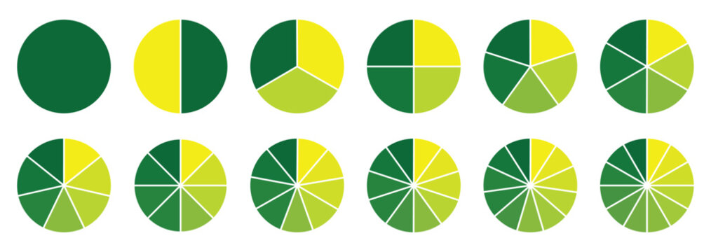 Colorful pie chart collection with 2,3,4,5,6,7,8,9,10,11,12 sections or steps. Pie chart set. Circle icons for infographic. Circle section graph.
