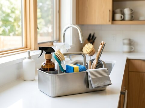 A gray cleaning caddy overflowing with an assortment of household cleaning products rests on a bright white countertop close to a kitchen window
