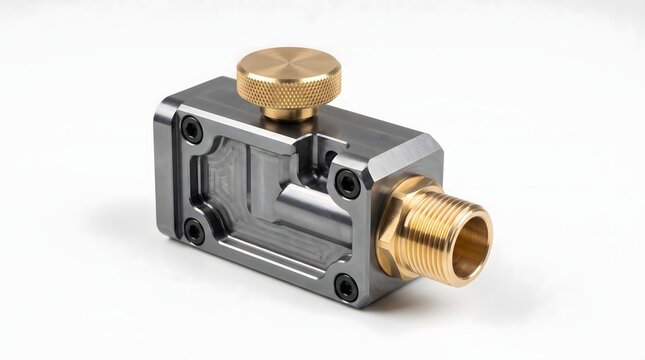 Precision stainless steel valve housing with knurled brass control handle.