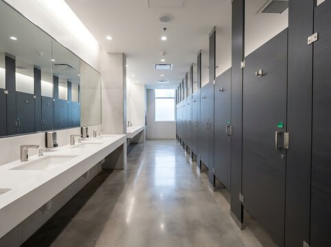 Modern school or gym locker room with rows of dark gray lockers and a long white countertop with sinks and mirrors