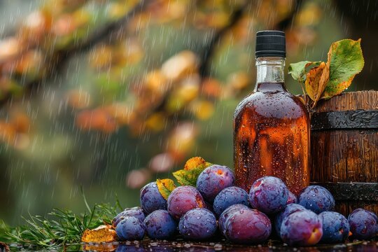 Homemade fruit brandy or schnapps made from fresh plums, displayed in a grassy area after rain, alongside a bottle and measuring jiggers