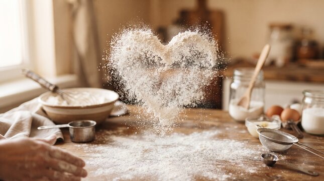 Flour heart shape in air above rustic wooden kitchen table with baking ingredients