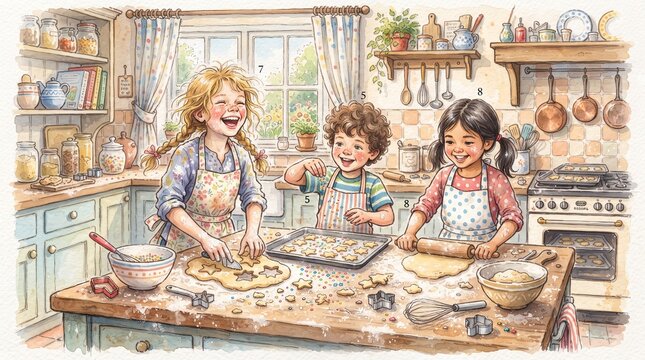 Three happy girls baking cookies together in cozy vintage kitchen illustration