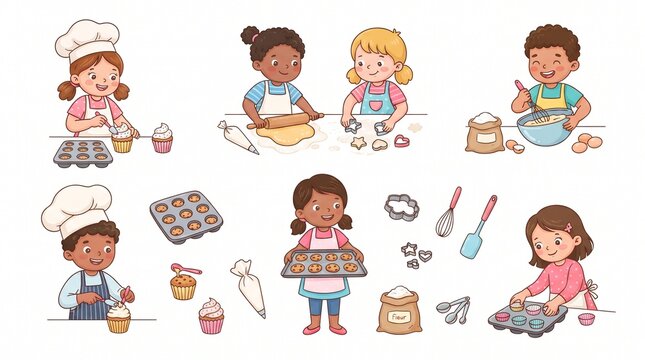 Set of cute little girl chef baking cookies and pastries cartoon illustration