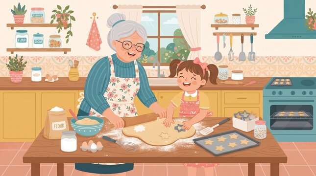 Grandmother and granddaughter baking cookies together in cozy kitchen illustration