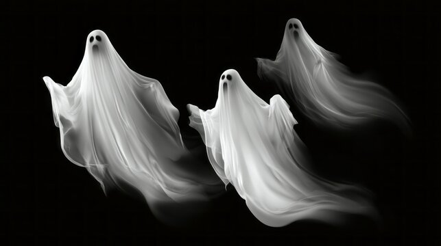 Realistic halloween ghosts, 3d transparent white ghosts and scary ghoul spirits with spooky faces, flying phantom monsters and eerie nightmare shadows in fog, horror holiday background and supernatura