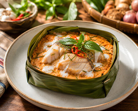 Steamed Thai Fish Curry in Banana Leaf Cup / Hor Mok Pla