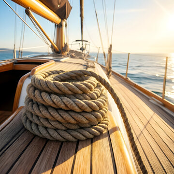 Luxury travel and leisure, coiled rope on teak deck of a sailing yacht at sunset with ocean horizon and nautical lifestyle adventure background