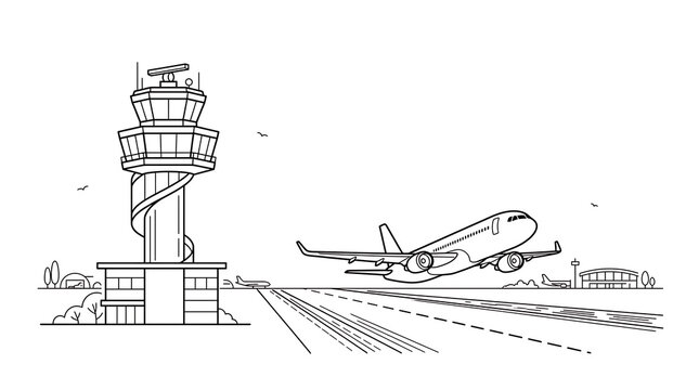 Airplane taking off from runway near airport control tower line art illustration.