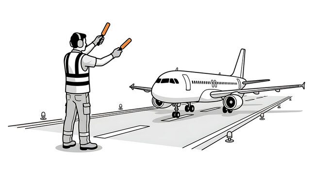 Airport ground crew worker signaling an airplane on the runway for taxiing and parking.