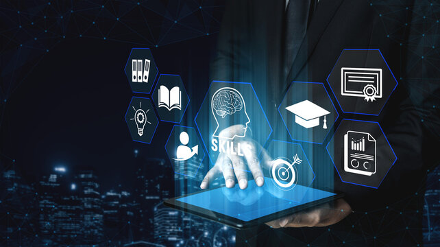 Business Professional Using Tablet to Access Icons of Education, Skills, and Goals in a Technological Environment with Modern City Background. Glyphic.