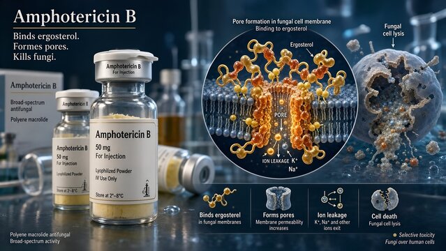 Amphotericin b vials paired with a microscopic inset depicting drug molecules binding to ergosterol and forming membrane pores with leaking ions, showing a lysing fungal cell in the background