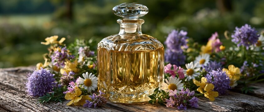 Glass Bottle of Essential Oil with Wildflowers