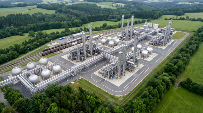 Aerial view of a large industrial gas processing plant with spherical storage tanks, tall distillation columns, and pipe networks in a rural landscape