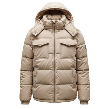 Beige puffer jacket with hood and pockets