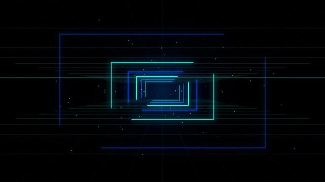 Neon blue geometric rectangles pulsing in dark abstract digital space