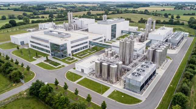 Aerial view of a large industrial manufacturing facility with stainless steel storage tanks, cooling towers, and white buildings surrounded by green fields