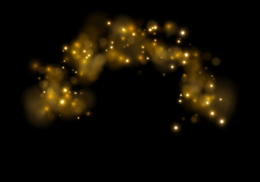Gold bokeh lights form a soft arch shape against a black background. The glowing orbs vary in intensity and size with a hazy, diffused effect. This image evokes warmth and can be used for.