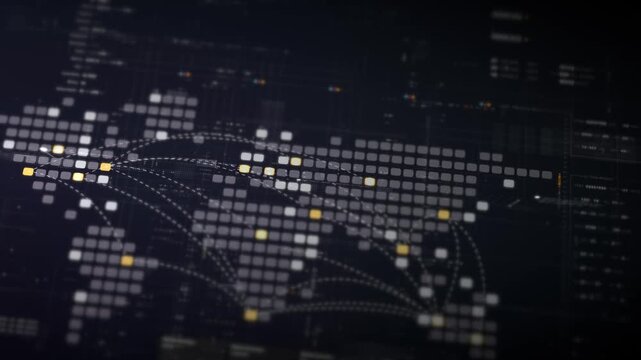 Digital world map with glowing connections and data visualization across a futuristic interface for global network communication.