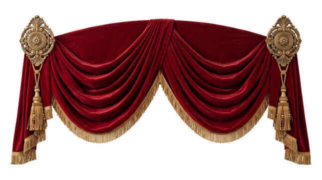Rich red velvet draped swag with ornate antique brass holders and tassels, isolated PNG on transparent background, perfect for theatrical and event design