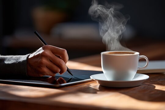 Digital Artist Drawing with Coffee Cup