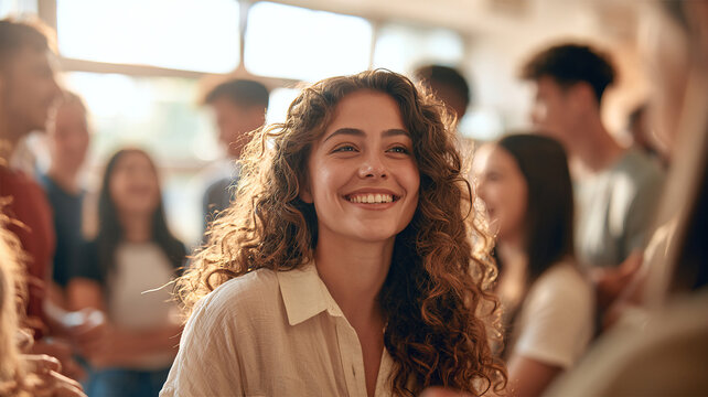 Happy young woman with curly hair smiling confidently in a diverse social gathering, warm natural light and blurred group of friends in the background