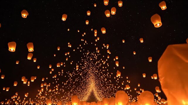 Thousands of glowing sky lanterns ascending into dark night sky