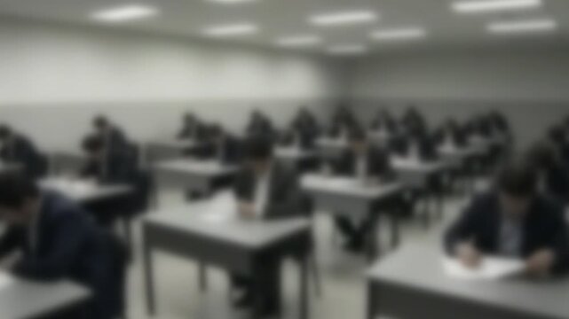 Applicants taking a written aptitude test in a Japanese exam room, anonymous blurred 4K footage
