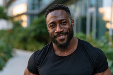Fototapeta premium Smiling Man in Black T-Shirt Outdoors