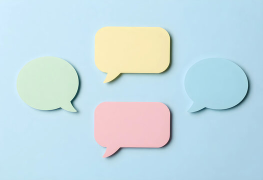 Communication and feedback concept, colorful speech bubbles on blue background for social media interaction, messaging and digital dialogue template