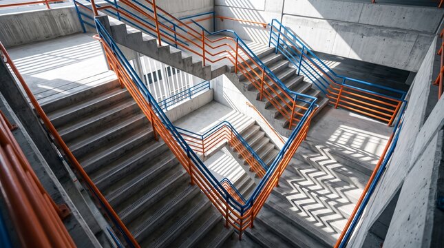 Parking structure staircase pattern with colorful safety rails, concrete flights, repeated landings and striped sun shadows in urban architecture