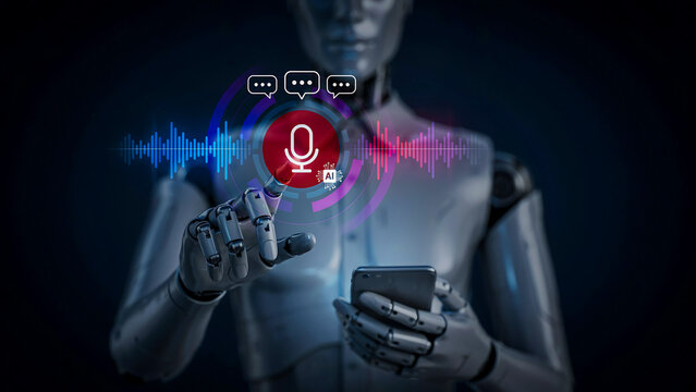 Humanoid robot presenting digital voice assistant interface with microphone technology