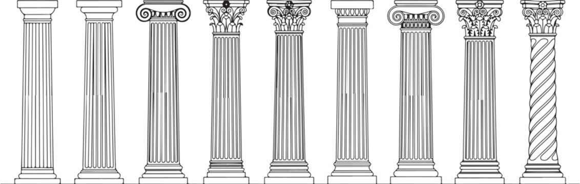 Ancient Greek Ionic Corinthian Doric columns in a line vector illustration