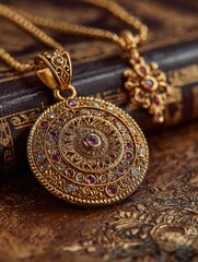Naklejka premium Golden pendant with pink gemstones and diamonds antique style jewelry on vintage tabletop detailed traditional ornament design luxury solid metal craftsmanship elegant decorative concept