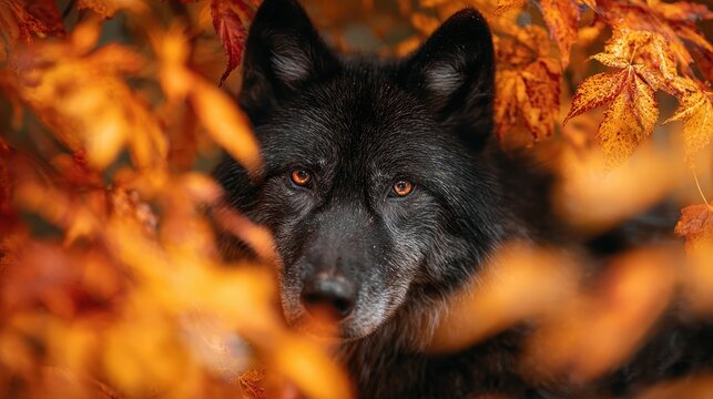 A dark wolf glimpses through colorful fall foliage, radiating strength and enigma among vivid yellow leaves