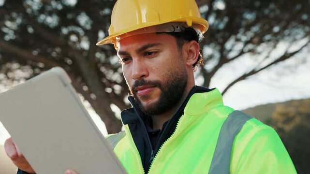 Tablet, construction worker and man outdoor for digital blueprint, real time update and flare. Tech, smile and person with development app for project schedule, inspection checklist or log progress