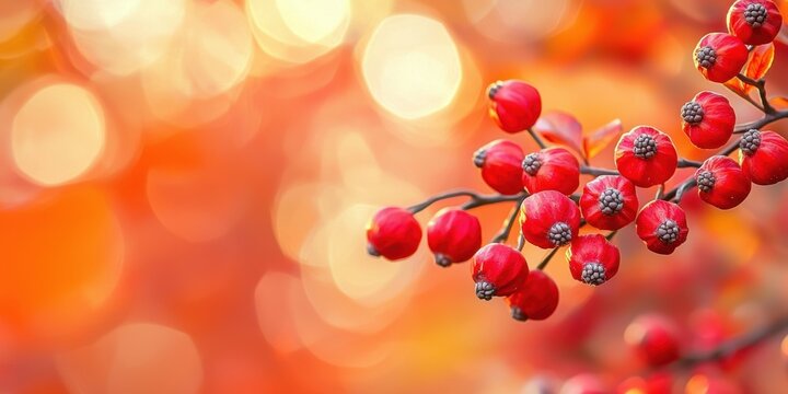 Ripe red fruits on a fruit tree in an organic garden with empty space for text