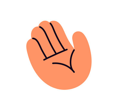 Greeting hand gesture icon. Cartoon emoji with waving hand. Sign of open palm up. Gesture of help, give smth. Emoji of open human palm. Simple body language sign. Isolated vector illustration