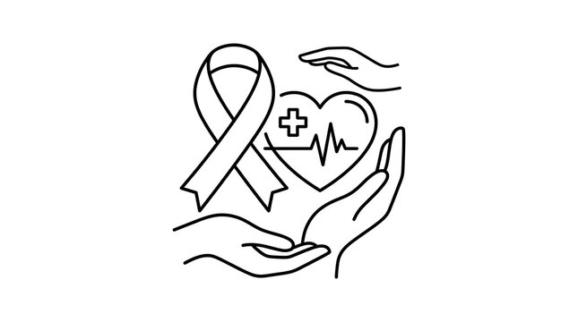 Healthcare awareness ribbon with heart and hands icon for medical support and charity