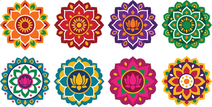 A collection of eight colorful circular rangoli designs featuring intricate floral patterns and traditional indian cultural motifs isolated on white background